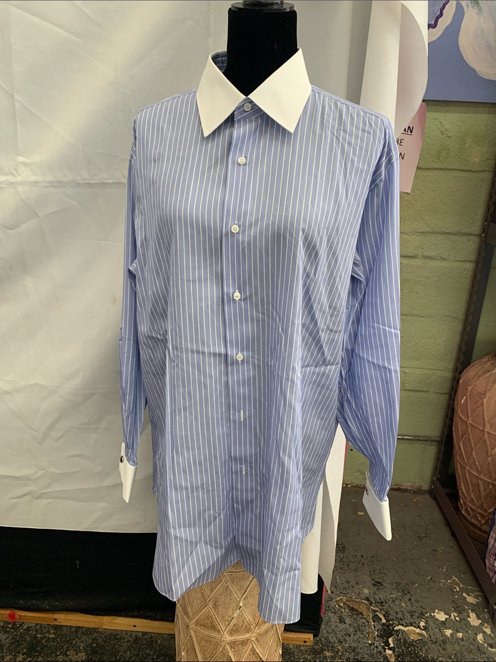 Blue Pinstripe Dress Shirt with White Contrast Collar